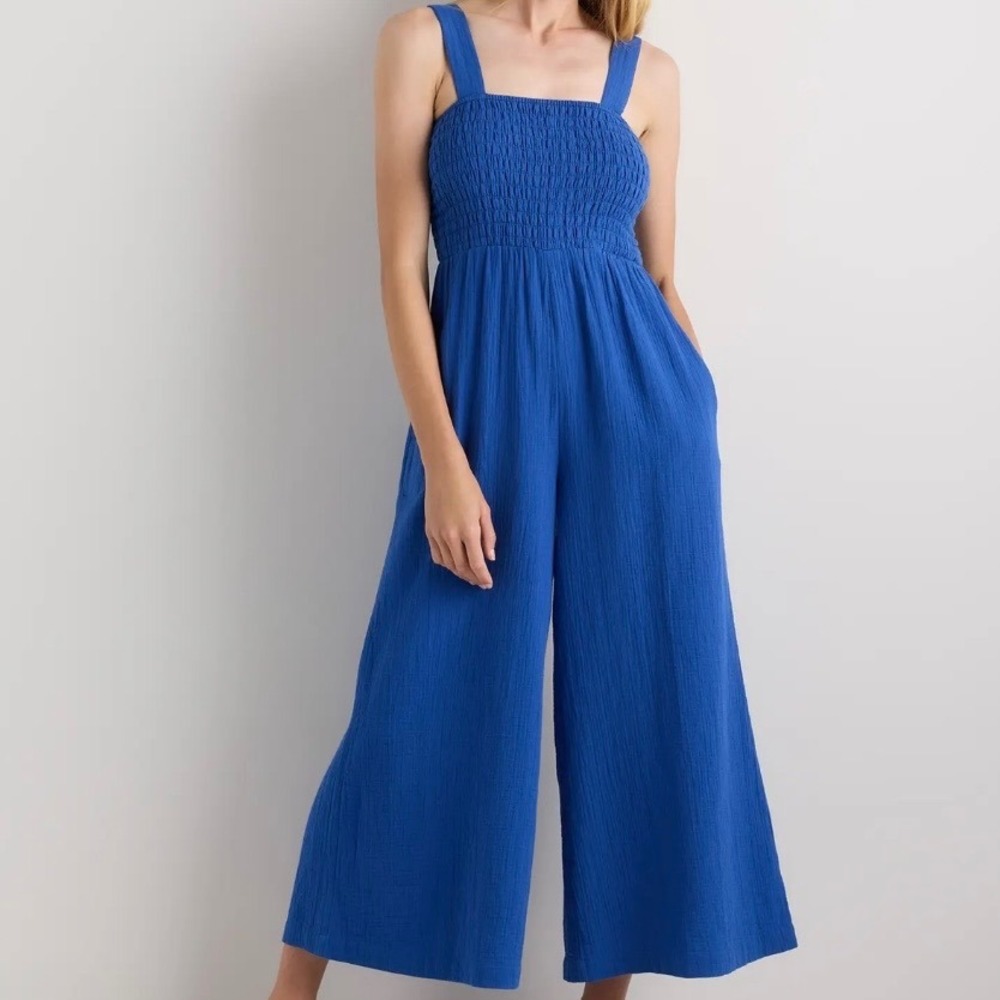 Quince Organic Cotton Gauze Smocked Wide Leg Jumpsuit Blue L NWT